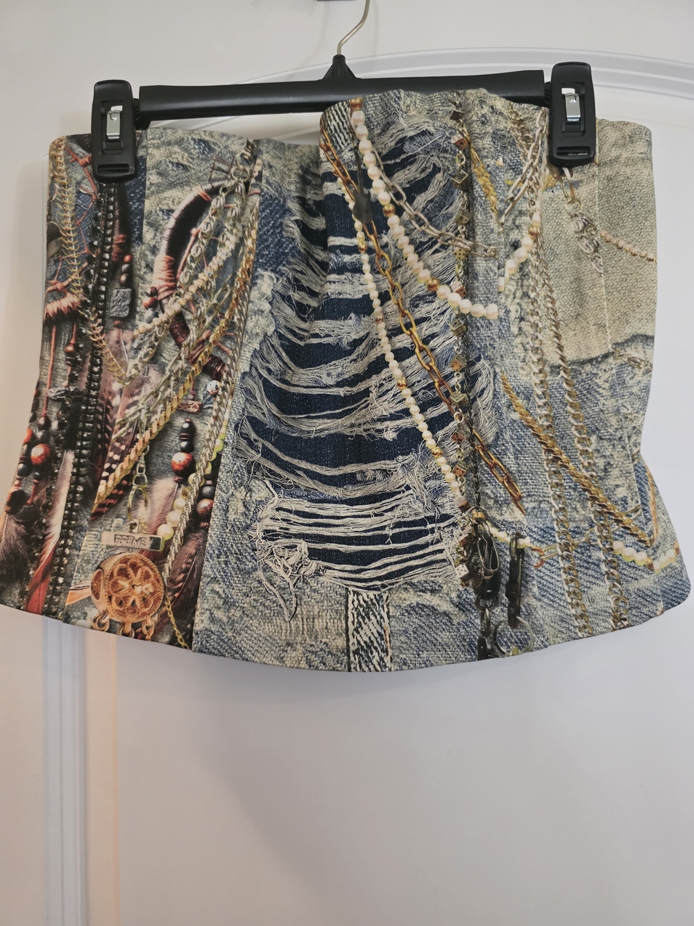 Printed Denim-Effect Corset with Chain & Jewel Motif - Blue
